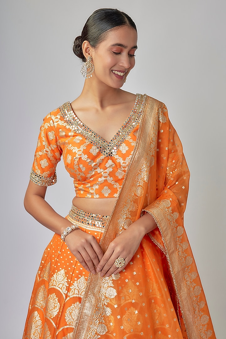 Orange Banarasi Organza Wedding Lehenga Set by Priyanka Jha at Pernia's Pop Up Shop