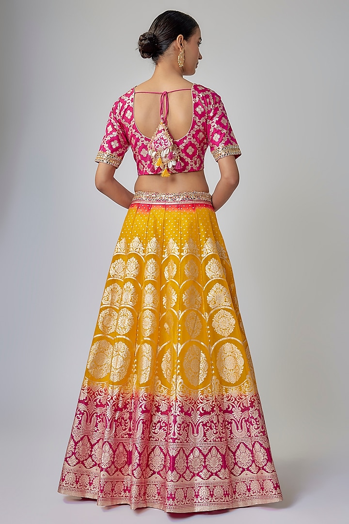 Yellow & Fuchsia Banarasi Organza Wedding Lehenga Set by Priyanka Jha at Pernia's Pop Up Shop