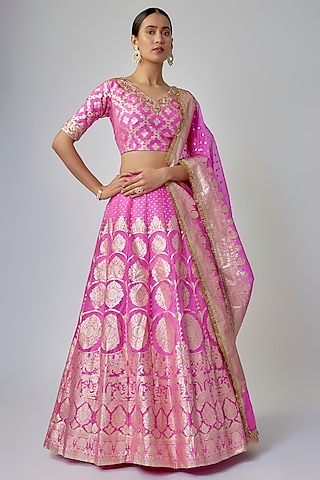 Bright Pink Banarasi Organza Lehenga Set by Priyanka Jha