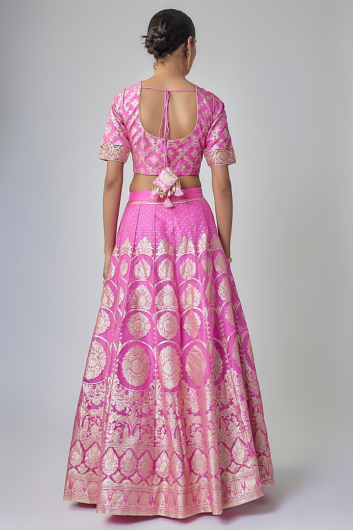 Bright Pink Banarasi Organza Wedding Lehenga Set by Priyanka Jha at Pernia's Pop Up Shop