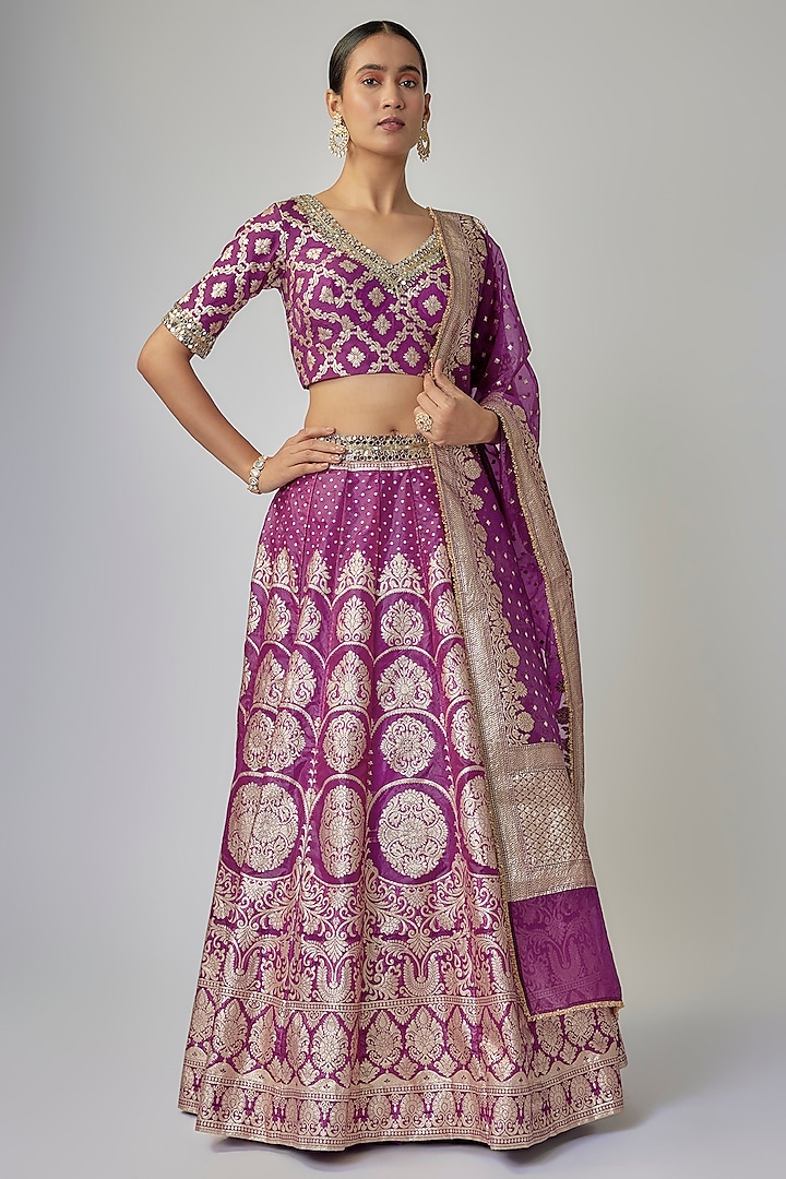 Dark Purple Banarasi Organza Wedding Lehenga Set by Priyanka Jha at Pernia's Pop Up Shop