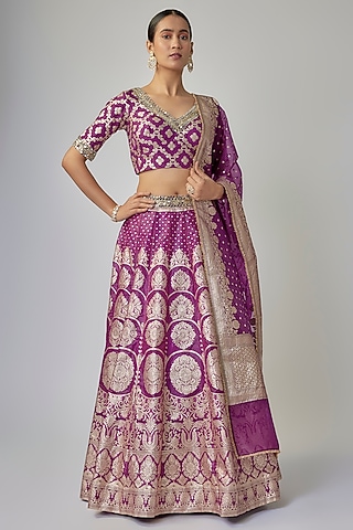 Dark Purple Banarasi Organza Lehenga Set by Priyanka Jha