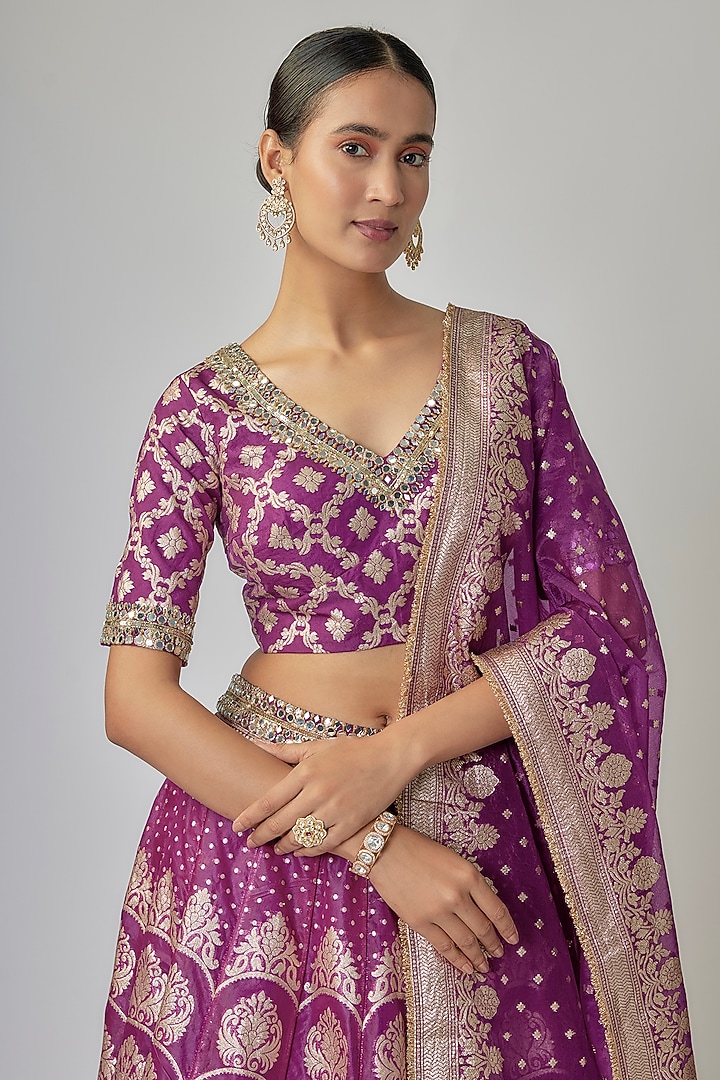Dark Purple Banarasi Organza Wedding Lehenga Set by Priyanka Jha at Pernia's Pop Up Shop