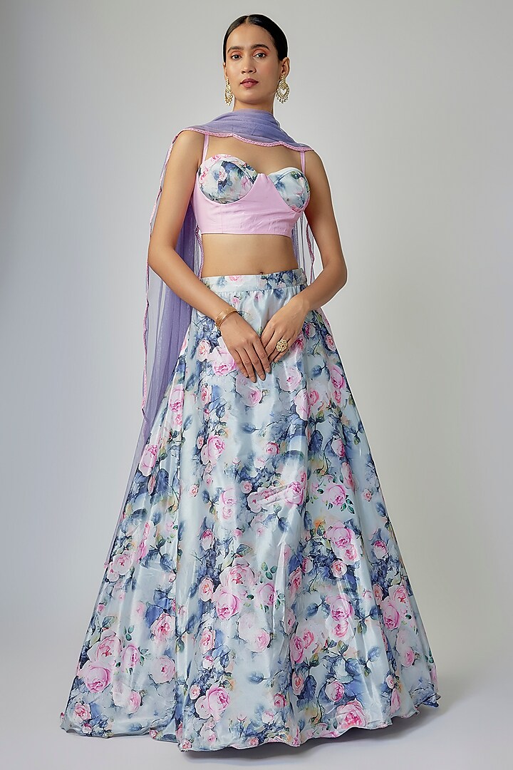 Grey & Pink Satin Floral Printed Lehenga Set by Priyanka Jha at Pernia's Pop Up Shop