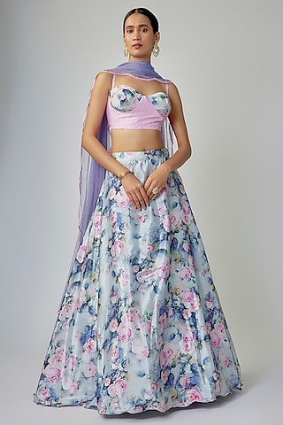 Grey & Pink Satin Floral Printed Lehenga Set by Priyanka Jha