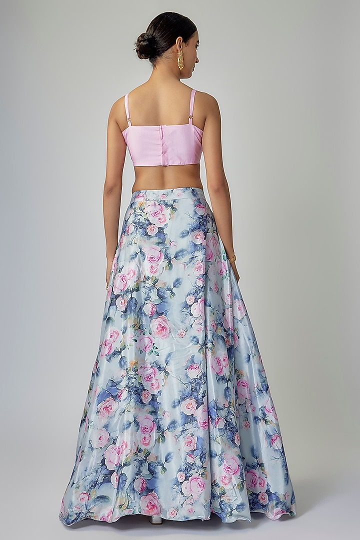 Grey & Pink Satin Floral Printed Lehenga Set by Priyanka Jha at Pernia's Pop Up Shop