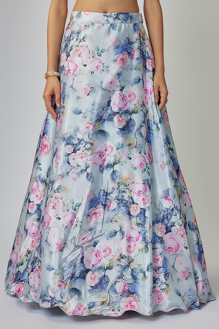 Grey & Pink Satin Floral Printed Lehenga Set by Priyanka Jha at Pernia's Pop Up Shop