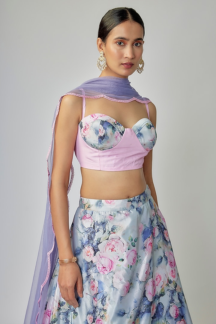Grey & Pink Satin Floral Printed Lehenga Set by Priyanka Jha at Pernia's Pop Up Shop