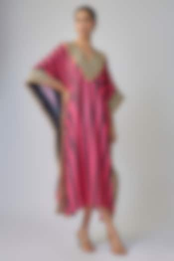 Fuchsia & Black Satin Silk Striped Kaftan by Priyanka Jha at Pernia's Pop Up Shop