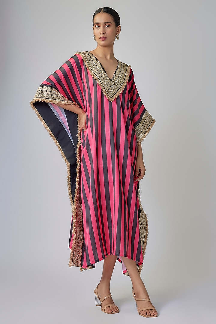 Fuchsia & Black Satin Silk Striped Kaftan by Priyanka Jha at Pernia's Pop Up Shop