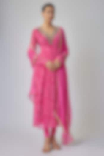 Fuchsia Georgette Bandhani Printed Anarkali Set by Priyanka Jha at Pernia's Pop Up Shop