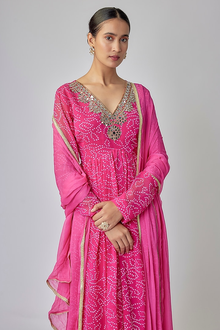 Fuchsia Georgette Bandhani Printed Party Wear Anarkali Set by Priyanka Jha at Pernia's Pop Up Shop