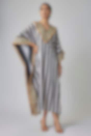 Cream & Black Satin Silk Striped Kaftan by Priyanka Jha at Pernia's Pop Up Shop