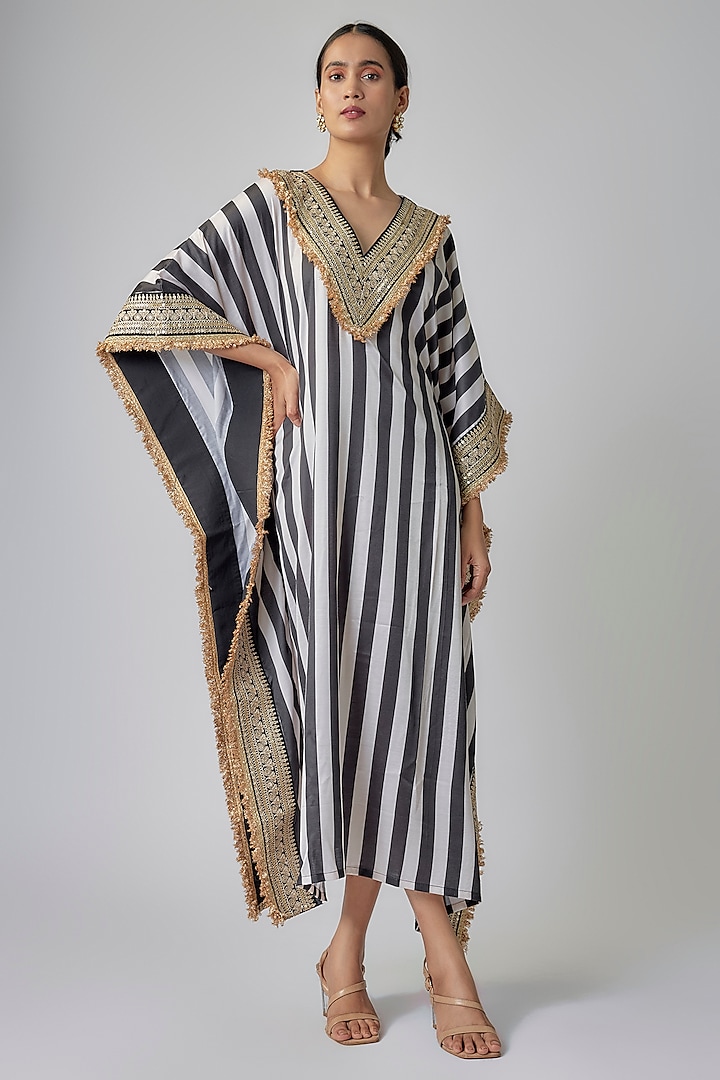 Cream & Black Satin Silk Striped Kaftan by Priyanka Jha at Pernia's Pop Up Shop