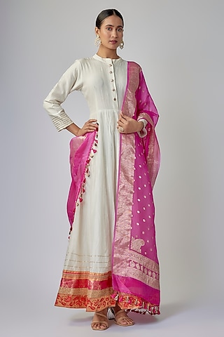 Ivory Chanderi Banarasi Anarkali Set by Priyanka Jha
