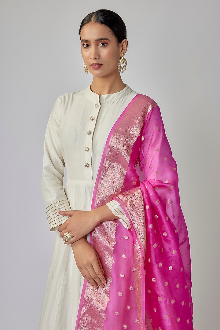 Ivory Chanderi Banarasi Party Wear Anarkali Set by Priyanka Jha at Pernia's Pop Up Shop