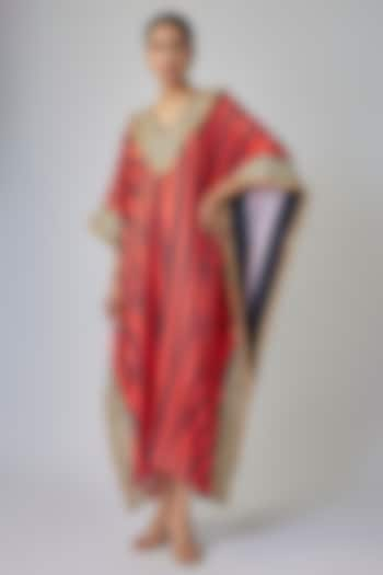 Red & Black Satin Silk Striped Kaftan by Priyanka Jha at Pernia's Pop Up Shop