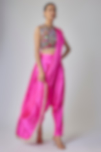 Hot Pink Satin Hand Embroidered Dhoti Saree Set by Priyanka Jha at Pernia's Pop Up Shop