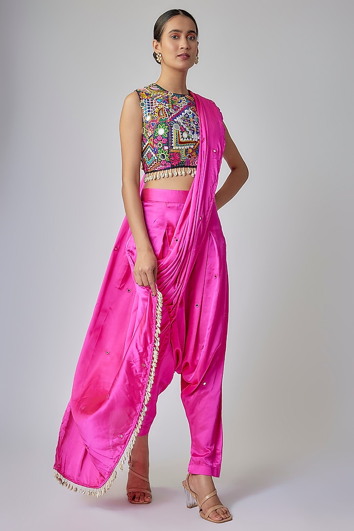 Hot Pink Satin Hand Embroidered Dhoti Saree Set by Priyanka Jha at Pernia's Pop Up Shop