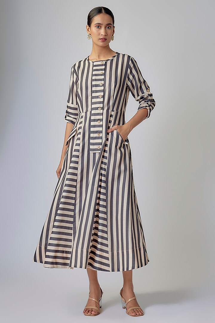 Cream & Black Modal Satin Striped Tunic by Priyanka Jha at Pernia's Pop Up Shop