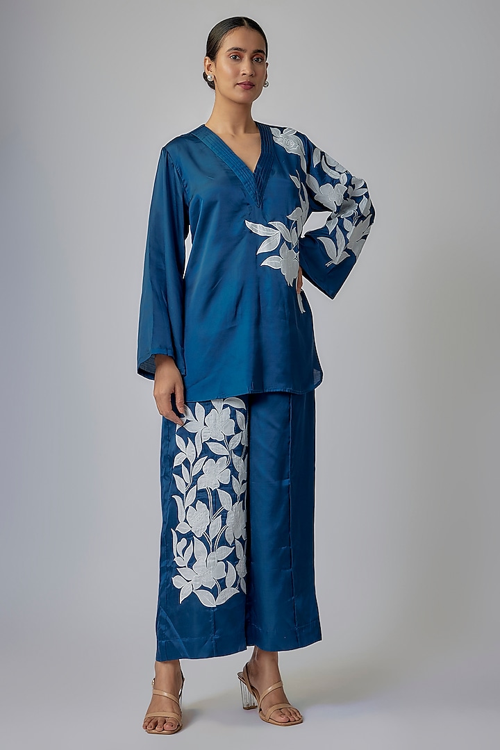 Indigo Blue Modal Satin Floral Patchwork Co-Ord Set by Priyanka Jha at Pernia's Pop Up Shop