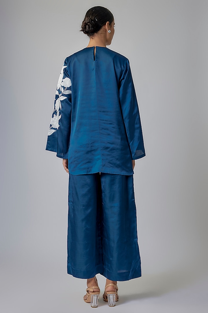 Indigo Blue Modal Satin Floral Patchwork Co-Ord Set by Priyanka Jha at Pernia's Pop Up Shop