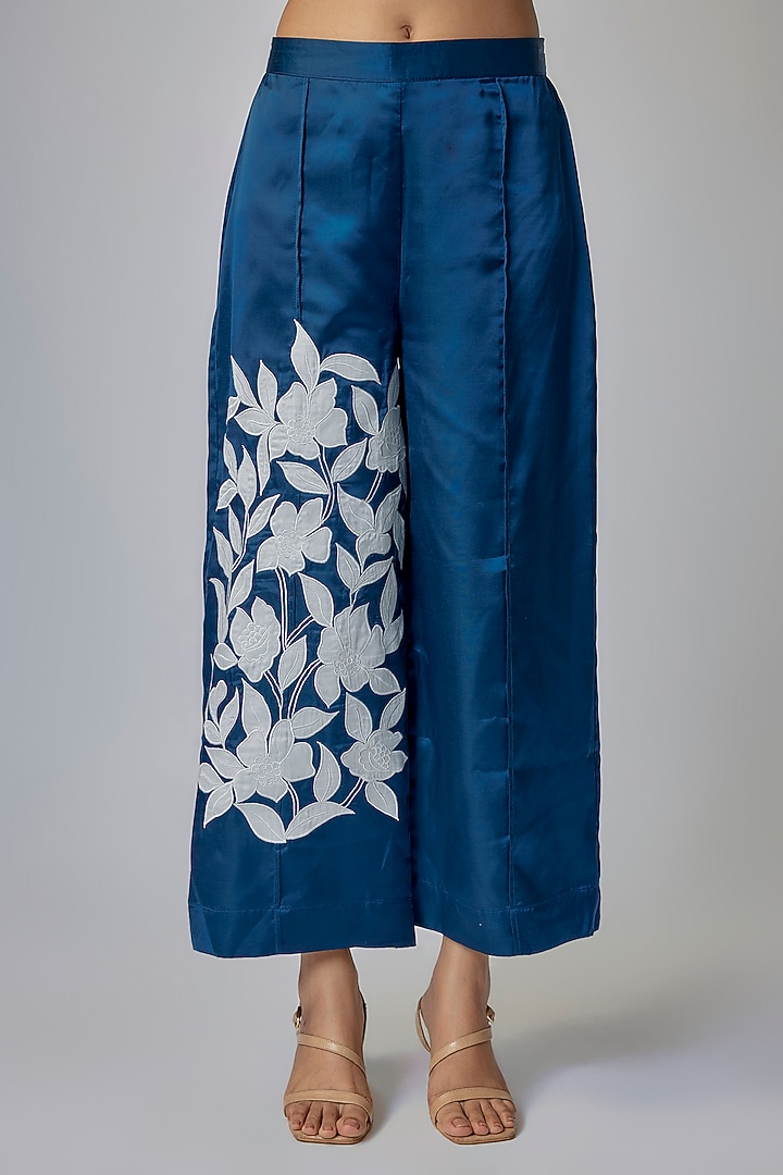 Indigo Blue Modal Satin Floral Patchwork Co-Ord Set by Priyanka Jha at Pernia's Pop Up Shop