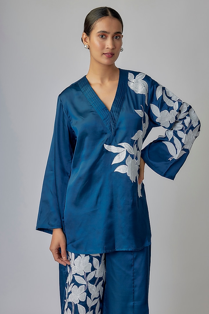 Indigo Blue Modal Satin Floral Patchwork Co-Ord Set by Priyanka Jha at Pernia's Pop Up Shop