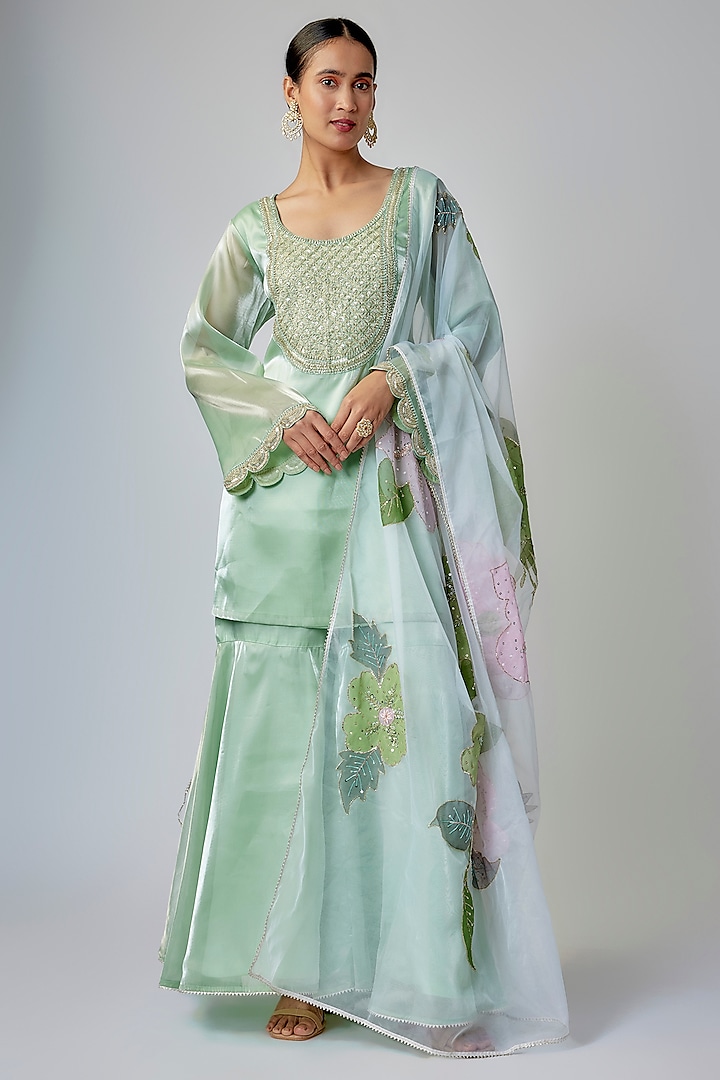 Pale Pista Green Liquid Organza Gharara Set by Priyanka Jha at Pernia's Pop Up Shop