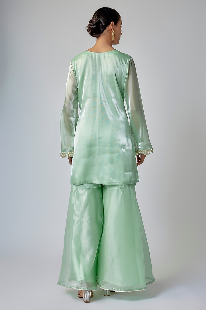Pale Pista Green Liquid Organza Gharara Set by Priyanka Jha at Pernia's Pop Up Shop