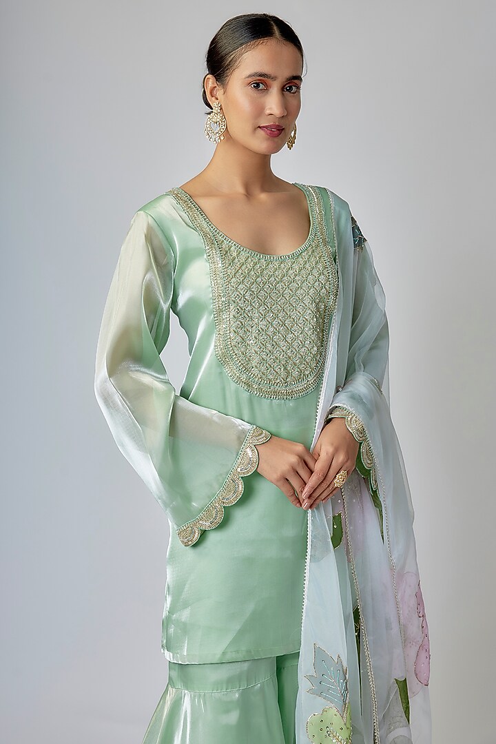 Pale Pista Green Liquid Organza Gharara Set by Priyanka Jha at Pernia's Pop Up Shop