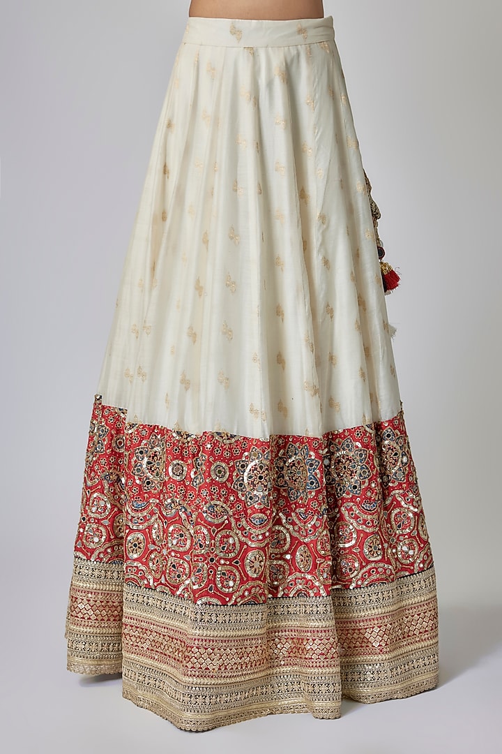 Off-White & Red Banarasi Chanderi Ajrakh Zari Hand Embroidered Wedding Lehenga Set by Priyanka Jha at Pernia's Pop Up Shop