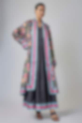 Black Modal Satin Parsi Gara Motif Maxi Dress With Cape by Priyanka Jha at Pernia's Pop Up Shop