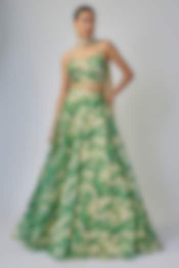 Pale Beige & Emerald Green Organza Digital Printed Lehenga Set by Priyanka Jha at Pernia's Pop Up Shop