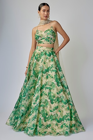 Pale Beige & Emerald Green Organza Digital Printed Lehenga Set by Priyanka Jha