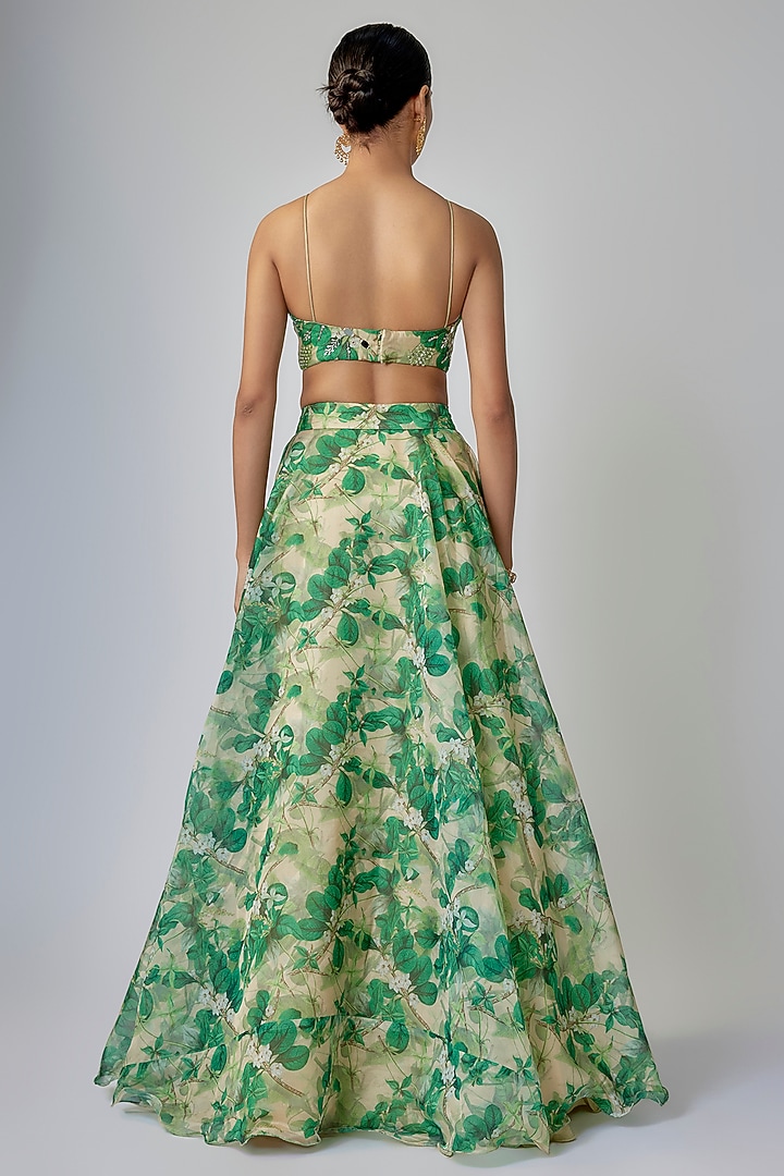 Pale Beige & Emerald Green Organza Digital Printed Lehenga Set by Priyanka Jha at Pernia's Pop Up Shop