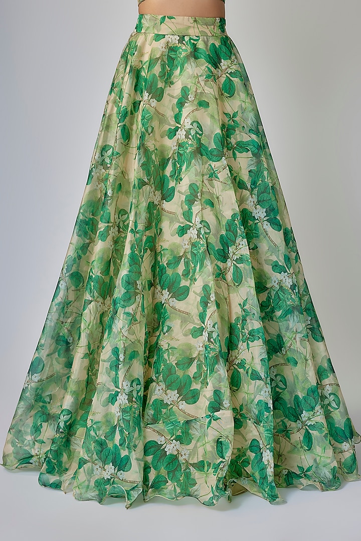 Pale Beige & Emerald Green Organza Digital Printed Lehenga Set by Priyanka Jha at Pernia's Pop Up Shop