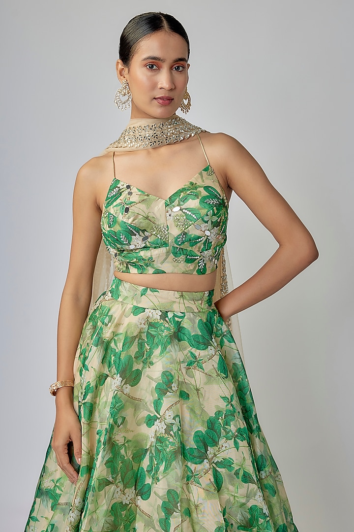 Pale Beige & Emerald Green Organza Digital Printed Lehenga Set by Priyanka Jha at Pernia's Pop Up Shop