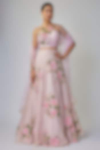 Baby Pink Glass Organza Floral Hand Painted Wedding Lehenga Set by Priyanka Jha at Pernia's Pop Up Shop