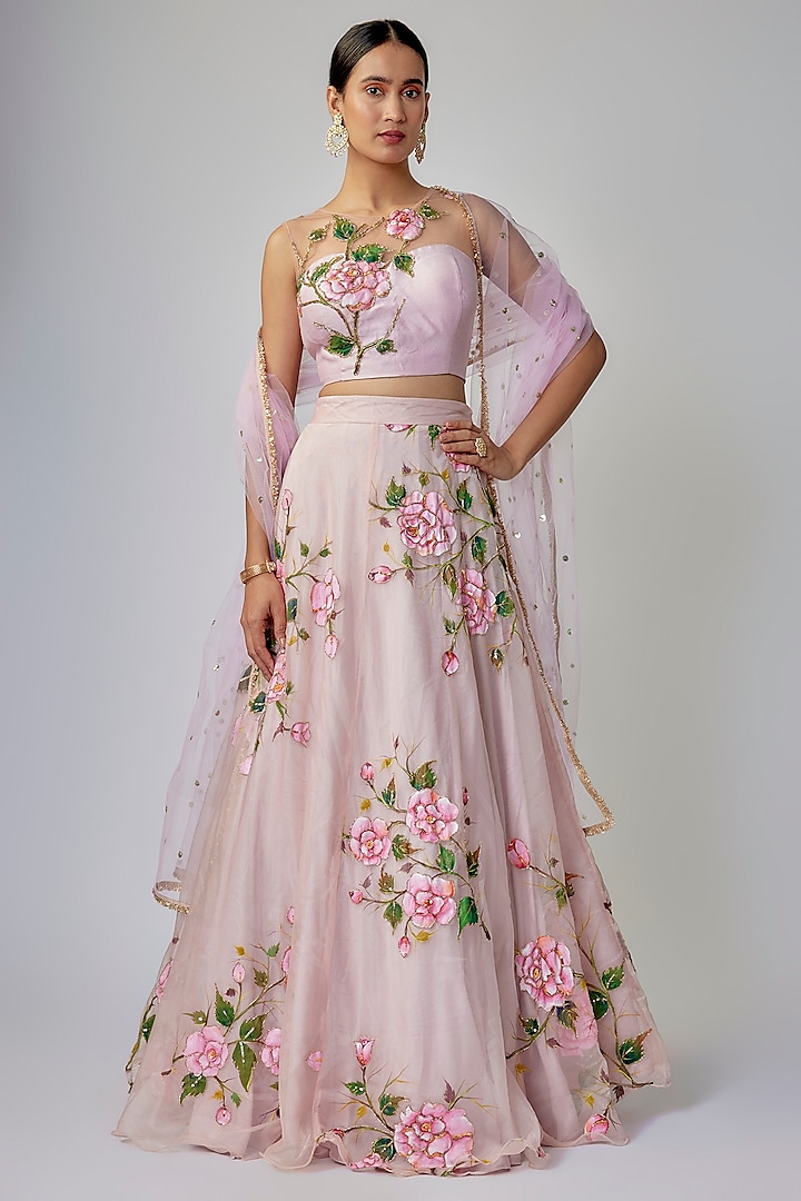 Baby Pink Glass Organza Floral Hand Painted Wedding Lehenga Set by Priyanka Jha at Pernia's Pop Up Shop