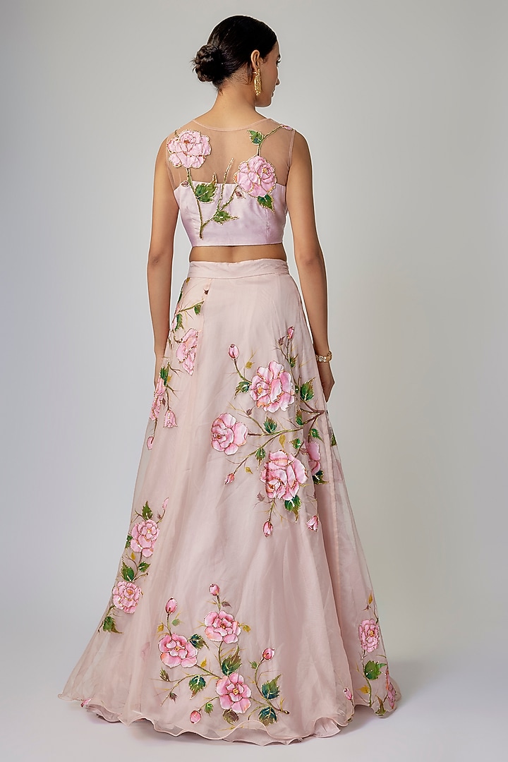 Baby Pink Glass Organza Floral Hand Painted Wedding Lehenga Set by Priyanka Jha at Pernia's Pop Up Shop