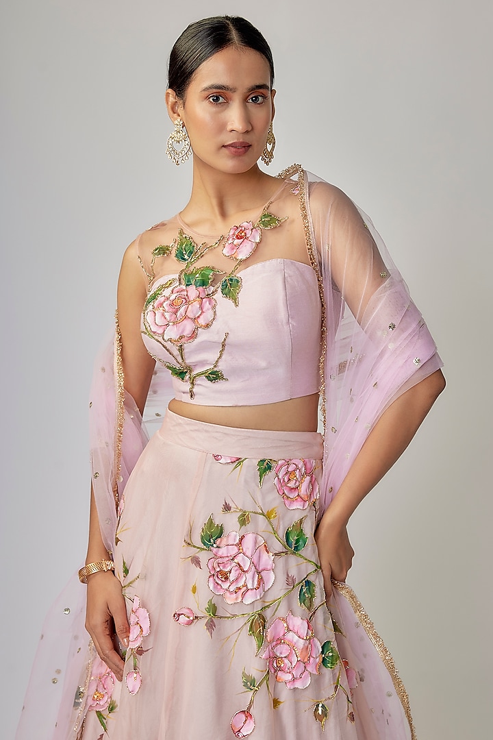 Baby Pink Glass Organza Floral Hand Painted Wedding Lehenga Set by Priyanka Jha at Pernia's Pop Up Shop