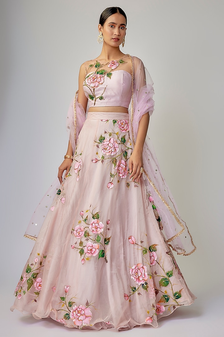 Baby Pink Glass Organza Floral Hand Painted Wedding Lehenga Set by Priyanka Jha at Pernia's Pop Up Shop