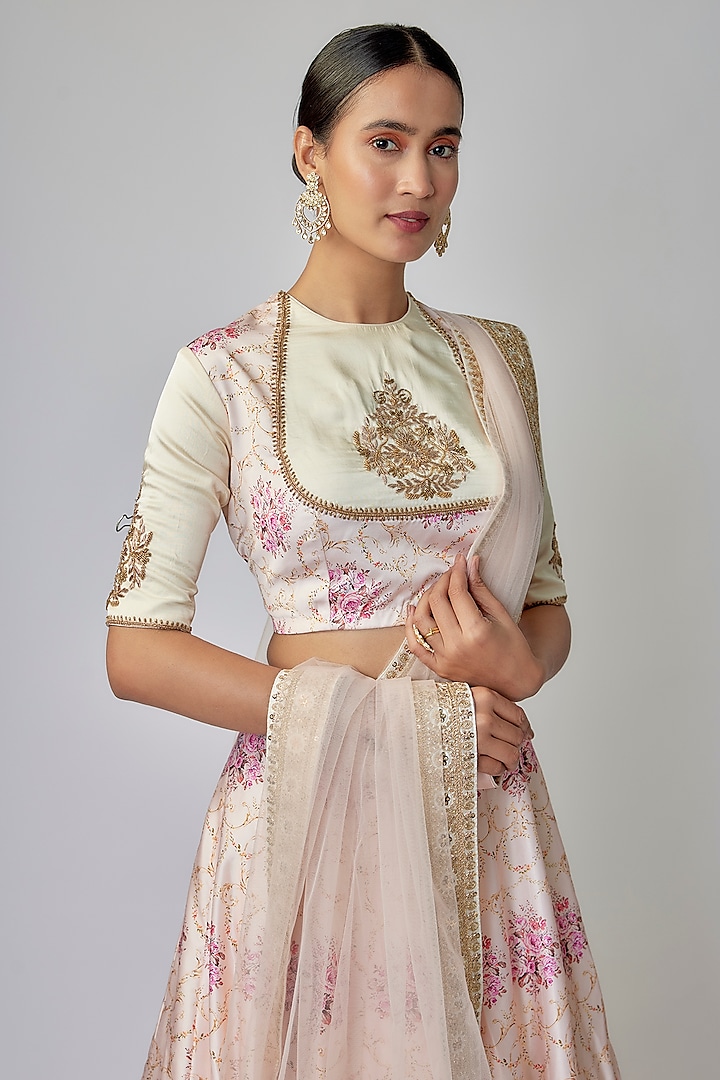 Off-White Satin Silk Digital Printed Wedding Lehenga Set by Priyanka Jha at Pernia's Pop Up Shop