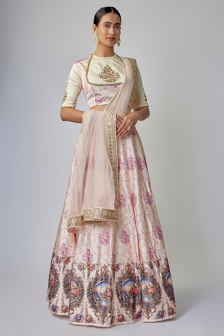 Off-White Satin Silk Digital Printed Wedding Lehenga Set by Priyanka Jha at Pernia's Pop Up Shop