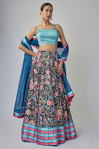 Multi-Colored Satin Silk Digital Printed Lehenga Set by Priyanka Jha