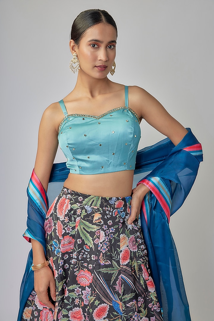 Multi-Colored Satin Silk Digital Printed Lehenga Set by Priyanka Jha at Pernia's Pop Up Shop
