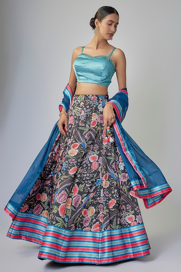 Multi-Colored Satin Silk Digital Printed Lehenga Set by Priyanka Jha at Pernia's Pop Up Shop