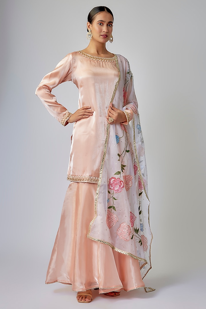 Pale Peach Liquid Organza Gharara Set by Priyanka Jha at Pernia's Pop Up Shop