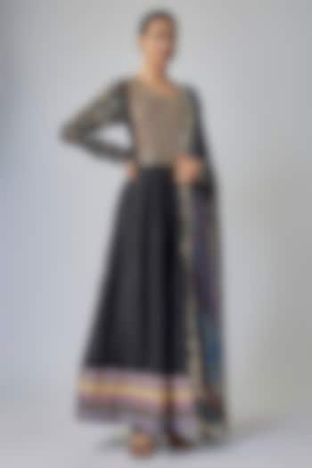 Black Modal Silk Ajrakh Printed Anarkali Set by Priyanka Jha at Pernia's Pop Up Shop